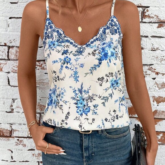 Tops - Blue Boho Women's Ditsy Floral Sleeveless Camisole Top With Embroidered Neckline